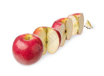 美味的素食主义者种子整个新鲜苹果切成半四分之三一最多零在白背景上孤立于一个过程的减少或衰和阶段的概念c一个过程的减少或退缩和阶段图片