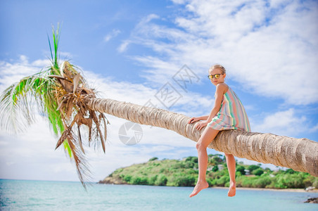 热带海滩上可爱的小女孩坐在棕榈树上图片