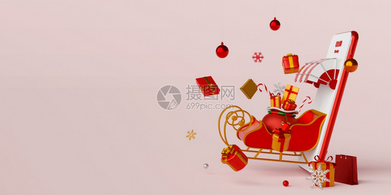 Sleigh从智能手机上冒出礼物盒3d插图校对Portnoy雪橇红色的庆典图片