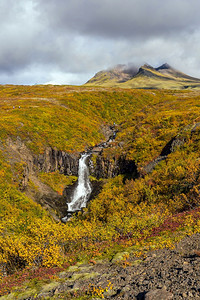 风景优美冰岛的斯瓦尔蒂弗由黑色玄武岩熔六角柱环绕的戏剧瀑布峡谷国民图片