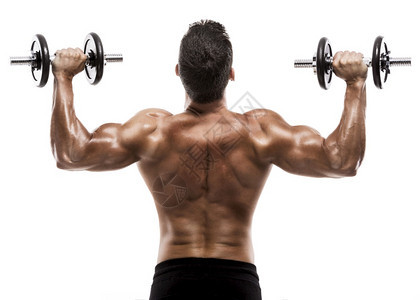 在职的肌肉人身穿工作室举起的重量在白色背景上被孤立起重运动员图片
