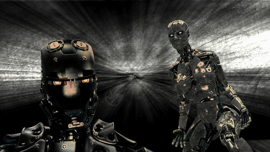人造的艾脸黑色背景中的金属机器人和3d渲染黑色背景中的金属机器人和图片