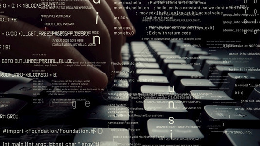 监视器在职的互联网计算机编程码和软件开发的创意视觉由在计算机键盘上工作的人展示计算机图形覆盖显示抽象程序代码和计算机脚本编程码和图片