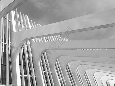 地面角度现代的建筑设计现代化具有水泥拱门的视野黑色和白音调图片