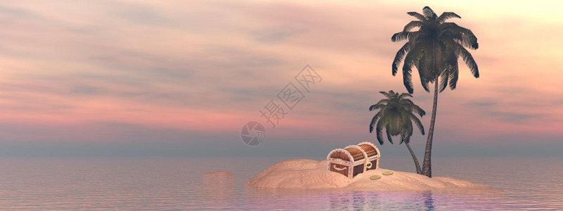 胸部在一个小岛上独自藏宝箱棕榈树在海中日落前找到3D的财富海滩象征图片