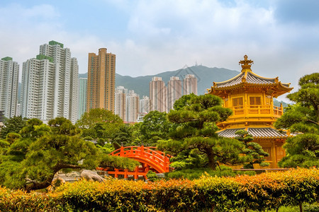 包围香港金馆公园周围有植物和树木周围环绕着本港金馆和天空背景的桥和山丘K楠图片