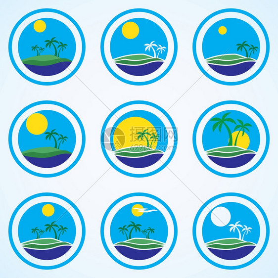 一种水气候棕榈树和太阳海滩度假村标志设计模板热带岛屿或度假图标集棕榈树和太阳海滩度假村标志设计模板热带岛屿或度假图标集图片