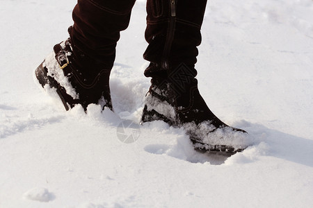 冬季下雪所覆盖的棕色妇女皮鞋冬季下雪所覆盖的褐色妇女皮鞋革天气场景图片