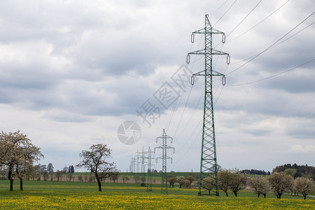春草地上方高压电线在天空背景的电线杆上金属丝分配线条图片