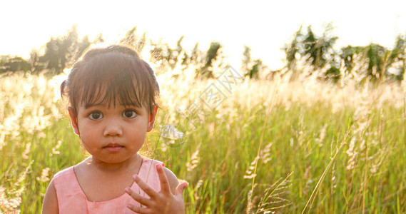 人们年轻的女士亚洲童在夏季的草地上欢笑和快乐自然中的亚洲女童图片