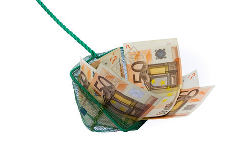 抓住以白色背景孤立的50欧元纸币填充渔网财富欧洲图片