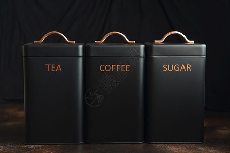 3套装有茶咖啡和糖的储罐锡三套黑藏罐烹饪收炊具图片