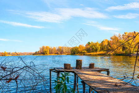 风景秋天阳光明媚的河边伍德码头和木生态风景优美图片