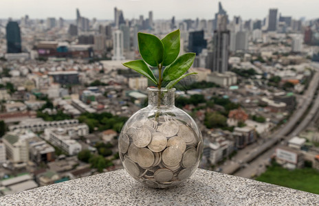 现金开花在硬币堆上生长的树苗在城市景观背的玻璃瓶中业务增长的象征和省钱的投资理念文本输入空间选择焦点重图片