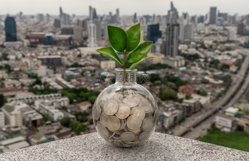 现金开花在硬币堆上生长的树苗在城市景观背的玻璃瓶中业务增长的象征和省钱的投资理念文本输入空间选择焦点重图片