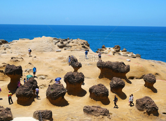 许多游客参观YehliuGearpark将石块奇怪的形状看成蘑菇这些岩石是海浪侵蚀造成的公园美丽野柳图片