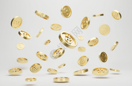 黄色的白背景杰克或赌场三点概念的黄金硬币有美元符号跌落或飞走的金币融闪亮图片