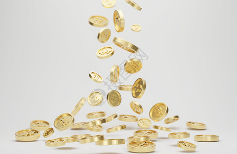 白背景杰克或赌场三点概念的黄金硬币有美元符号跌落或飞走的金币支付横幅坠落图片