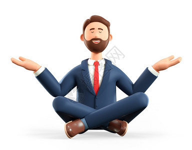 3D说明坐在地板上着冥想的男子卡通笑着的商人闭眼睛在瑜伽莲中站高瑜姿势与白人背景隔绝保持冷静的商业概念安详工作渲染图片
