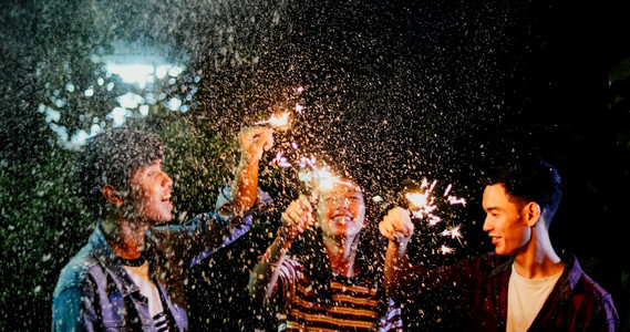 微笑烟花团体展示一群朋友晚上和火花玩的乐趣软焦点OftFocus校对Portnoyservic图片