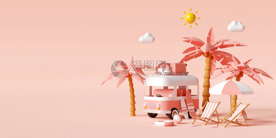 暑假概念乘面包车前往海滩旅行车上载有附件在海滩上以粉红背景泊车3D插图颜色放松异常图片