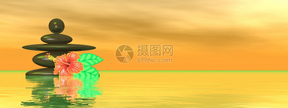 海洋橙按摩夕阳下平静的石头和花朵在水面上3D渲染平静的石头和花朵图片