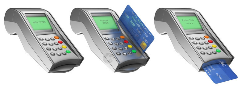 货币塑料屏幕3d有信用卡的银行终端孤立白种背景图片