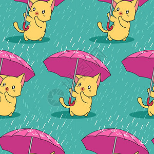 向量质地下雨无缝的可爱猫雨天时装带伞图片
