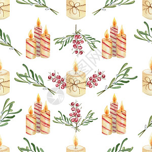 分支派对白色孤立背景上带有圣诞蜡烛树枝和浆果的无缝图案水彩圣诞插图白色孤立背景上带有圣诞蜡烛树枝和浆果的无缝图案水彩圣诞插图季节图片