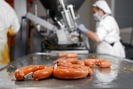肉类加工厂的香肠生产高质量照片肉类加工厂的香肠生产准备手套技术图片