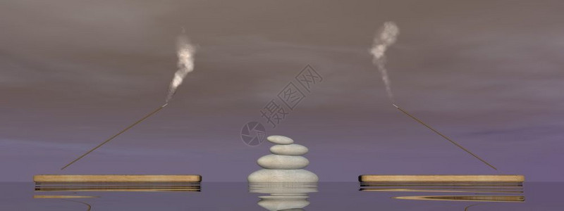冥想药物燃烧两根香棍之间平衡的白色石块棕背景水上含烟雾的两根香棍3D图片