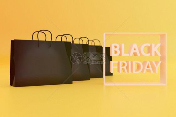 3d说明黑色星期五购物袋黑色折叠式信0nyewllow背景礼物零售低截面图片