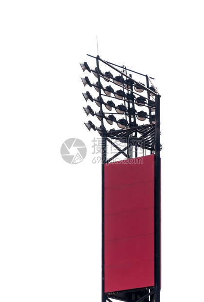 白色的黑钢杆在足球场附近白色背景的底带领头聚光灯系统泛法庭图片
