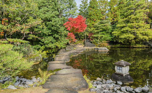 季节秋天场景在日本仁济的Kokoen花园有红绿树和池塘禅地标图片