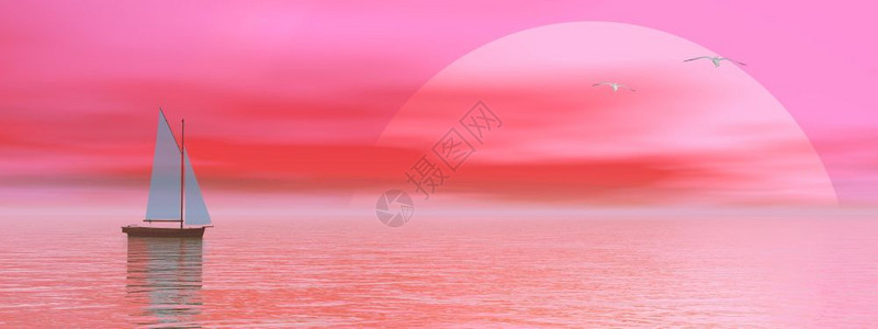 运输天空海鸥旁边的上小帆船在粉色日落下飞翔现代的图片