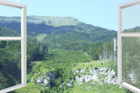 窗外山景与乡村房屋山景现代窗打开自然景观山与乡村房屋间窗外打开干净的公园冒险图片