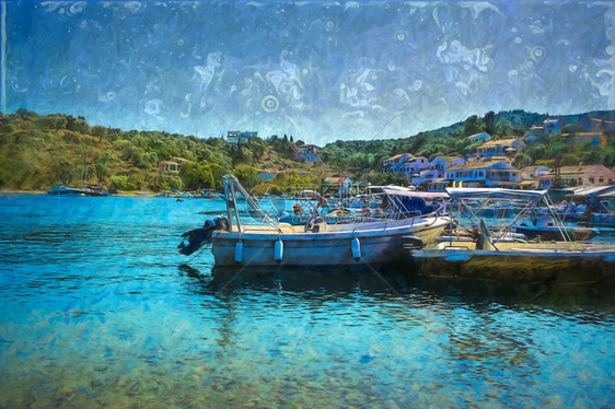 海爱奥尼亚绿松石夏季在希腊科孚岛的船夏季在希腊科孚岛的数码油漆船图片