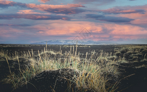 五颜六色的日落和冰岛黑沙北欧访问景观图片