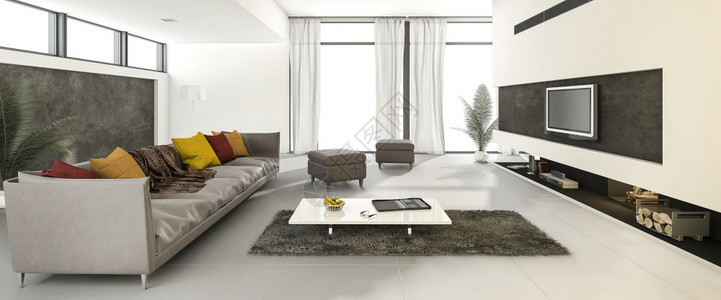 内部的3d提供漂亮干净的现代客厅和多彩沙发温暖的地毯图片