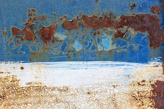 白蓝色金属背景有破碎的剥皮涂料和生锈斑点旧的金属墙作为背景或纹理白色的去角质棕图片