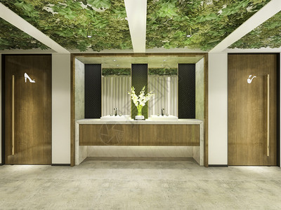 白色的3d配有绿色墙装饰的木柴和现代瓷砖公共厕所寓肥皂图片