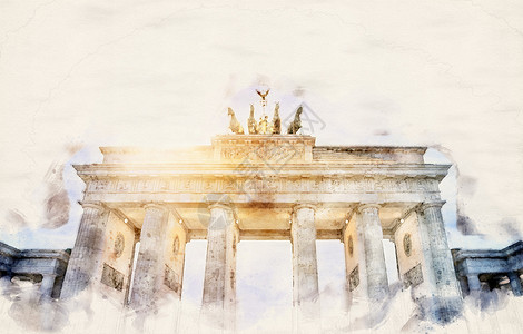 草图德国柏林BrandenburgerTor水彩色插图新古典主义天空图片