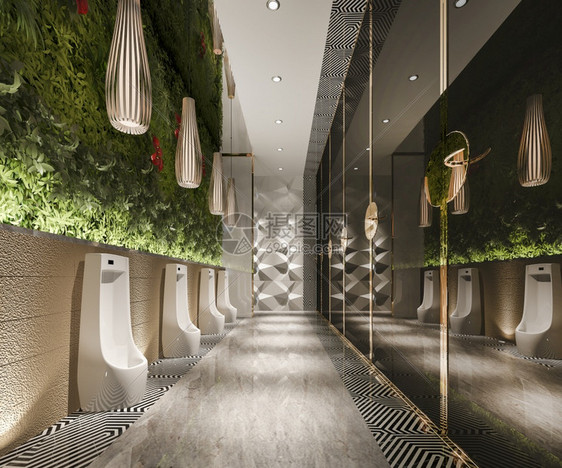 架子白色的3d用绿墙制成木柴和现代瓷砖公共厕所房间图片