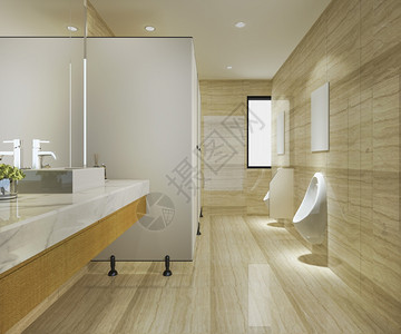卫生间内部的3d木柴和现代瓷砖公共厕所门图片