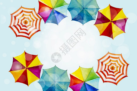 乐趣田园诗般的夏季多彩色雨伞顶视图水彩画横幅设计配有文本复制空间和附件暑假晚会美丽季节的蓝色背景图画插请享用图片