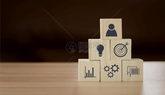 营销木块特写与商业和金融图标背景概念人力资源管理战略目标规划成功与协同计划创新意理念金融插图社会的图片