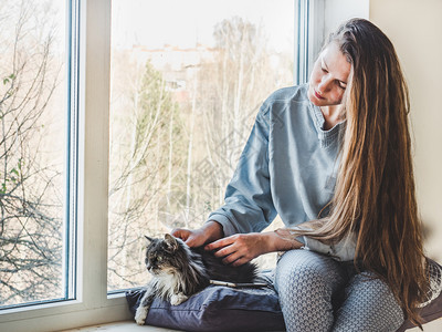 兽医年轻迷人的小猫和美丽女人坐在阳光明媚春晨的窗台上关闭孤立的背景工作室照片关于顾教育培训和饲养动物的概念年轻小猫和女士在窗边做图片