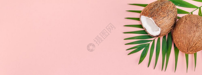 头发粉红色纸背景文件空间最小型热带夏季美容疗养会概念的绿色热带棕榈树叶椰子水果和油化妆品用于皮肤和理发的毛食物新鲜的图片