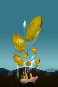 加密货币硬概念的投资黄金比特漂浮在交易者手上箭头和股票市场图作为背景垂直像生长支付库存背景图片