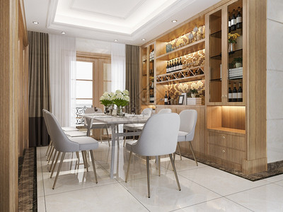 内阁最小的现代餐厅和客配有豪华装饰酒架沙发图片